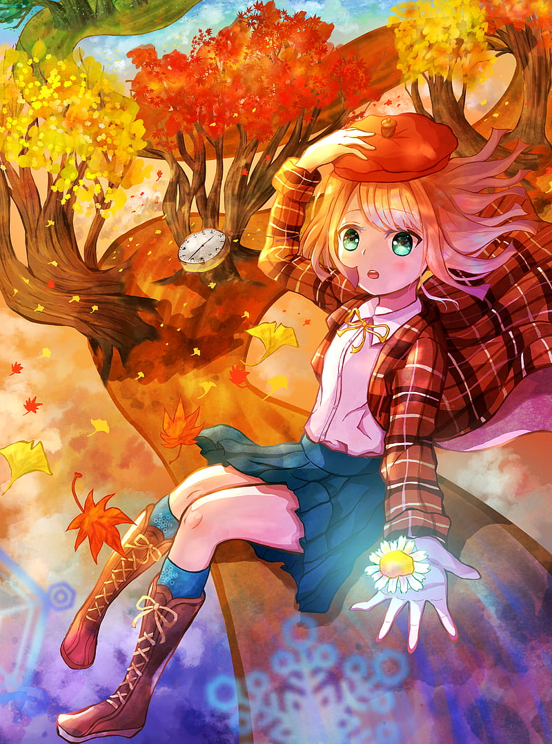 girl, beret, gesture, flower, autumn, anime, HD phone wallpaper