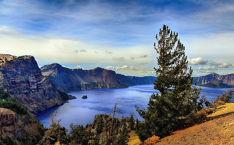 Danger Bay, Crater Lake National Park, Oregon, oregon, danger, national, crater, park, trees, sky, clouds, lake, mountain, water, nature, bay, blue, HD wallpaper