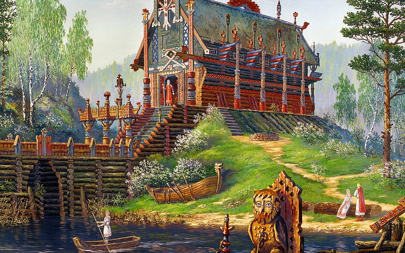 Russian folklore, architecture, art, water, boat, painting, folklore, russian, lake, HD wallpaper