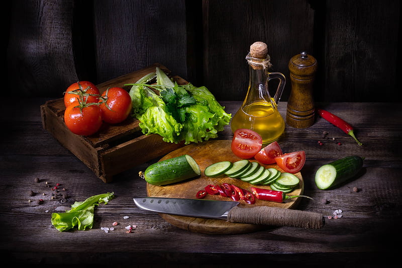 Food, Still Life, Oil, Cucumber, Tomato, HD wallpaper