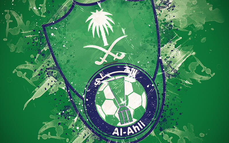 Al-Ahli Saudi FC paint art, logo, creative, Saudi Arabian football team, Saudi Professional League, emblem, green background, grunge style, Jeddah, Saudi Arabia, football, HD wallpaper