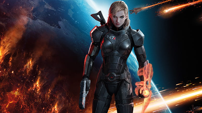 Mass Effect 2 Full , guerra, soldier, comet, game, woman, galaxy, fire, full , gun, girl, mass effect, dark, HD wallpaper