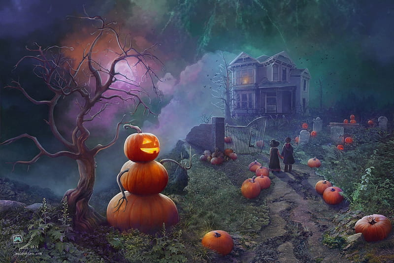 Pumpkin patch, moon, luminos, orange, halloween, children, fantasy, moon, samaposebe, pumpkin, night, HD wallpaper