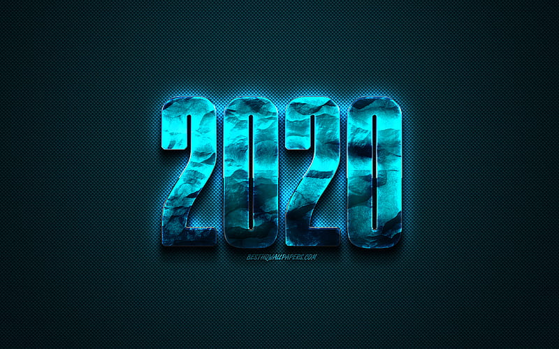 Happy New Year 2020, Blue 2020 background, blue metal letters, carbon texture, 2020 concepts, 2020 New Year, HD wallpaper