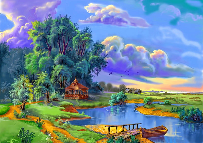 Gazebo near small river, stream, colorful, riverbank, shore, cottage, clouds, countryside, calm, boat, dock, painting, path, village, river, reflection, art, rest, seat, houses, pier, relax, greenery, creek, sky, trees, water, serenity, peaceful, summer, walk, gazebo, HD wallpaper