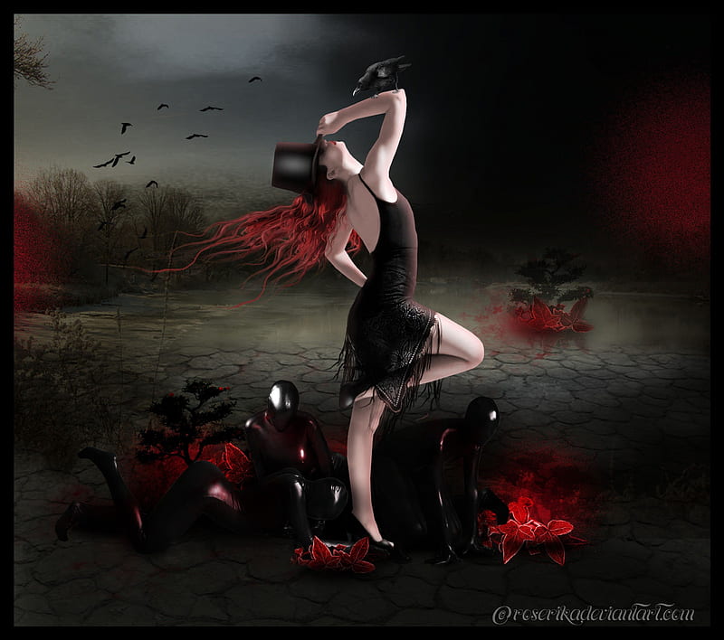 BlackBerry, pretty, clouds, women, sweet, fantasy, splendor, gothic, love, emotional, flowers, face, raven, lovely, models, sky, lips, cool, eyes, red, dress, manipulation, bonito, twilight, digital art, hair, emo, people, girls, magnificent, female, colors, hat, dark, crow, magician, HD wallpaper