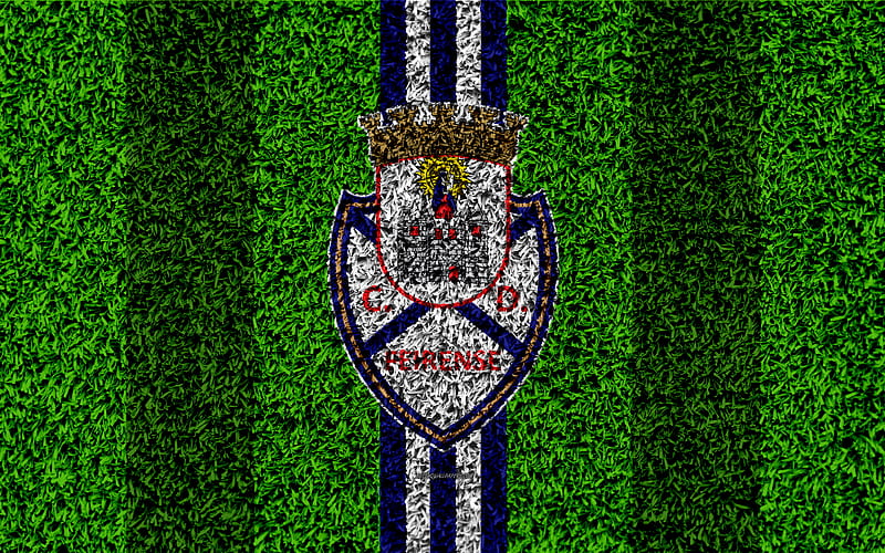 CD Feirense logo, football lawn, Portuguese football club, blue white lines, Primeira Liga, Feira, Portugal, football, Feirense fc, HD wallpaper