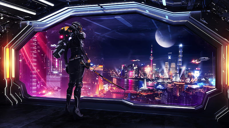 futuristic cityscape, robot, katana, sword, night, neon lights, Sci-fi, HD wallpaper