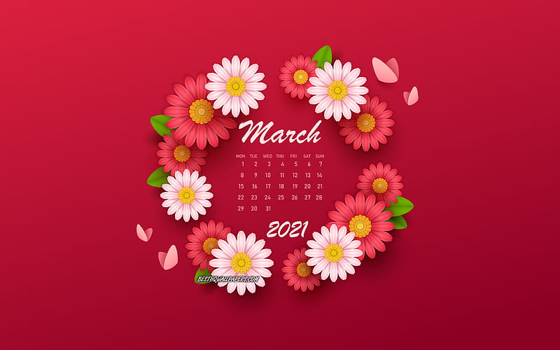 2021 March Calendar, background with flowers, spring flowers, 2021 spring calendars, March, 2021 calendars, March 2021 Calendar, HD wallpaper