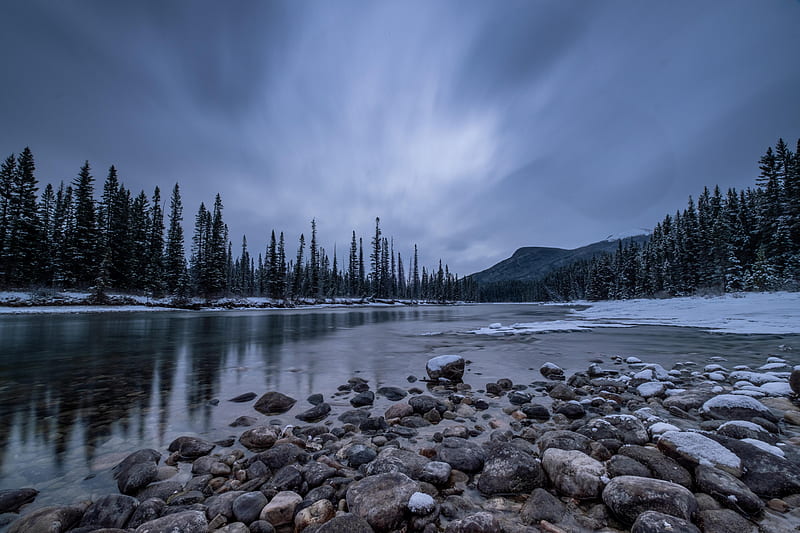 Bow River, Alberta, stones, snow, mountains, trees, clouds, sky, canada, winter, HD wallpaper