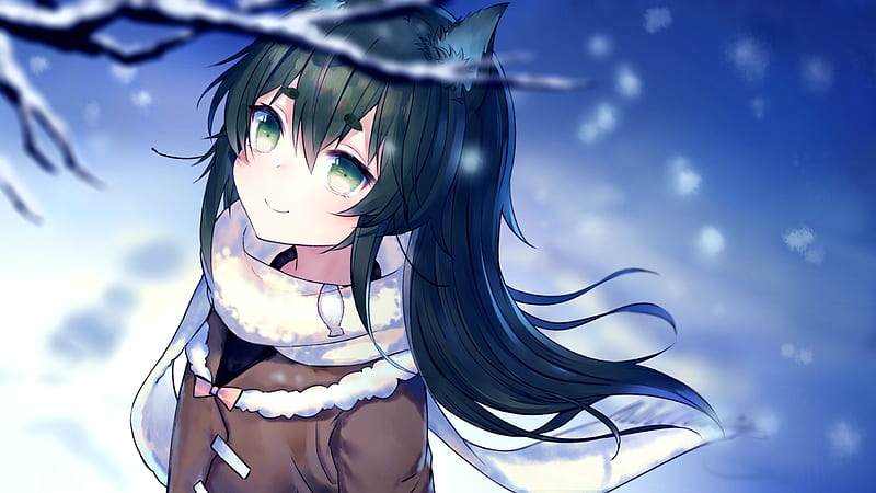 anime wolf girl, smiling, scarf, snow, black hair, animal ears, Anime, HD wallpaper