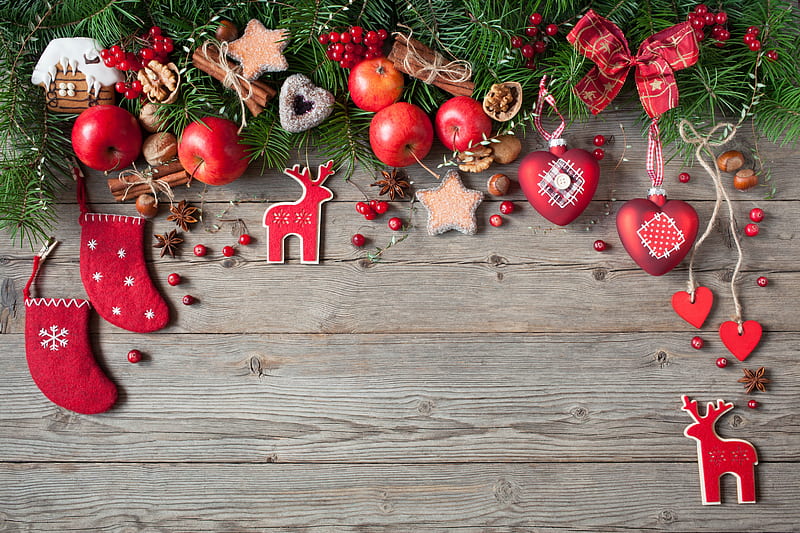 Merry Christmas!, apple, fruit, red, deco, craciun, christmas, wood, card, HD wallpaper