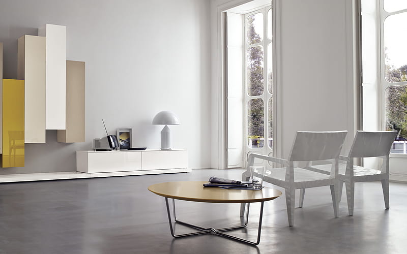 stylish living room interior, modern interior design, living room, white walls, stylish interior, minimalism style, HD wallpaper