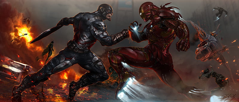Captain America And Iron Man Fighting Artwork, captain-america, iron-man, artwork, , artist, HD wallpaper
