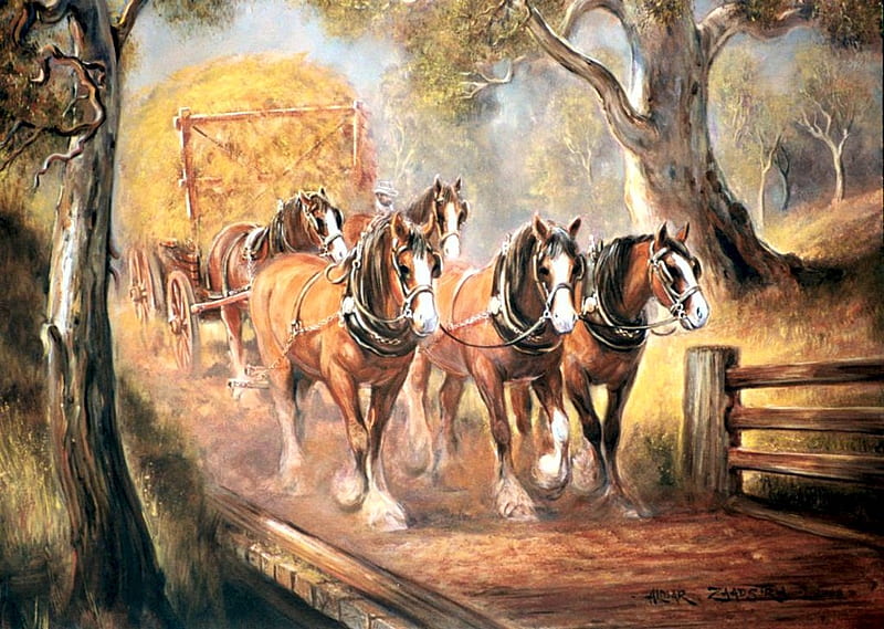 Harvest Time, bridge, painting, cart, straw, artwork, horses, vintage, HD wallpaper