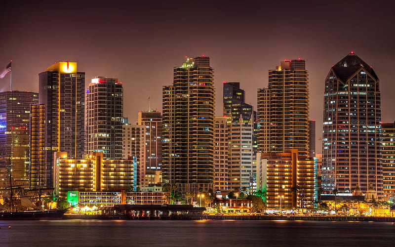 San Diego, California, night, skyscrapers, Pacific Ocean, coast, cityscape city lights, USA, HD wallpaper
