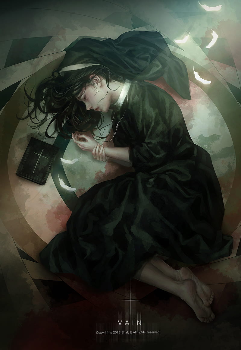 Anime girls, anime, closed eyes, nuns, dark hair, on the floor