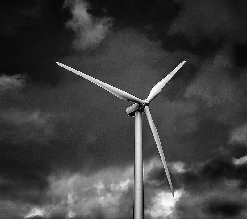 DarkWindmill, black and white, bw, clouds, dark, energy, storm, wind, windmill, HD wallpaper