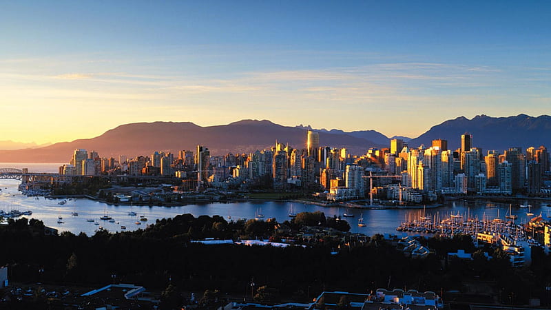 wonderful sunrise over vancouver, city, bridge, mountains, sunrise, reflections, harbor, HD wallpaper
