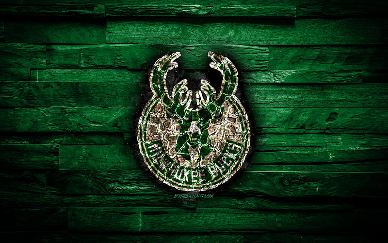 Milwaukee Bucks scorched logo, NBA, green wooden background, american basketball team, Eastern Conference, grunge, basketball, Milwaukee Bucks logo, fire texture, USA, HD wallpaper