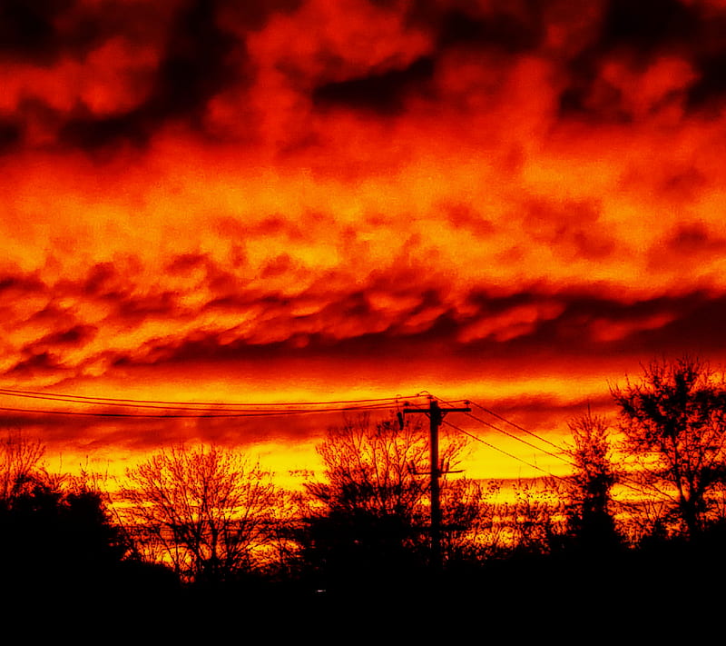 Sky On Fire, black, fire, red, sky, sunset, HD wallpaper