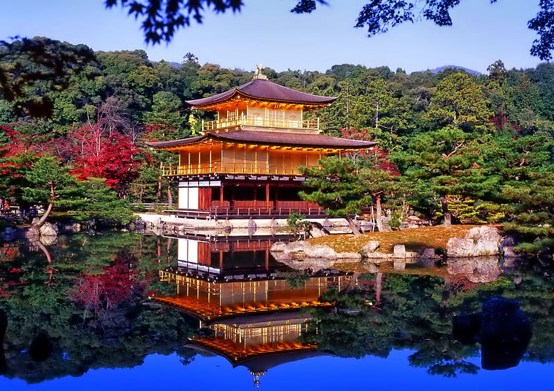 Pagoda, pagod, japan, trees, lake, HD wallpaper