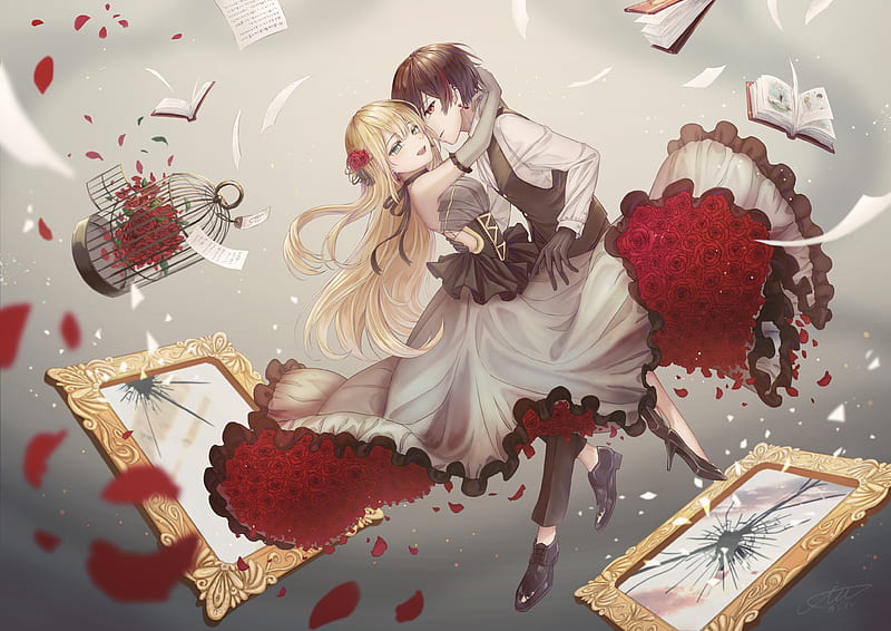 cute anime couple, romance, dancing, shattered frames, cage, Anime, HD wallpaper