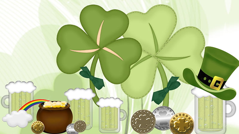Luck of the Irsh, irish, st patricks day, firefox persona, rainbow, green beer, coins, pot of gold, top hat, shamrocks, HD wallpaper