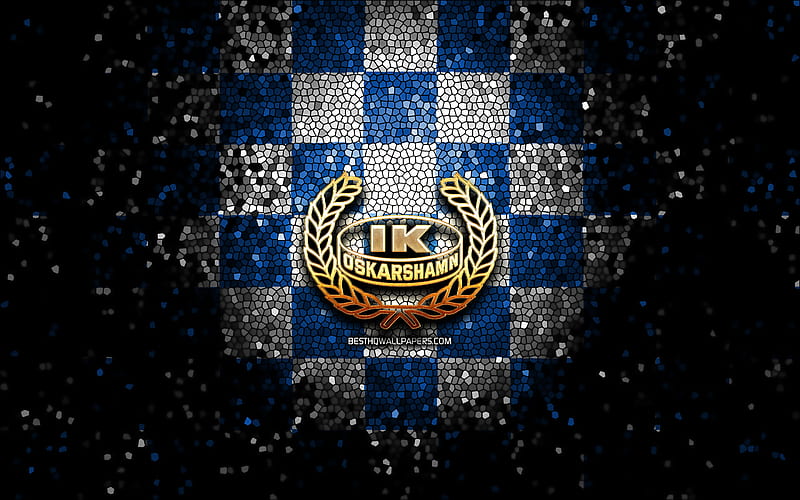 IK Oskarshamn, glitter logo, SHL, blue white checkered background, hockey, swedish hockey team, IK Oskarshamn logo, mosaic art, swedish hockey league, HD wallpaper