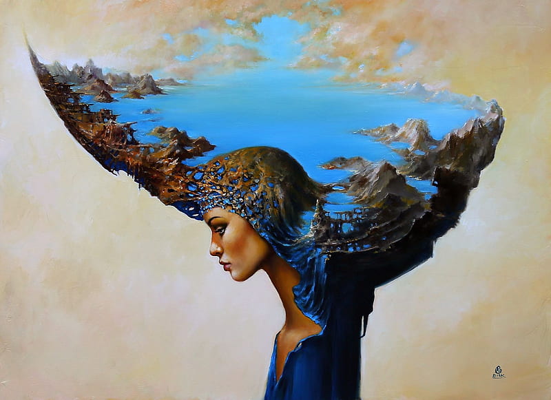 Water by Karol Bak, fantasy, water, luminos, girl, face, blue, art, karol bak, painting, pictura, HD wallpaper