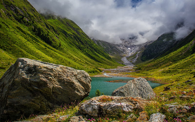 mountain valley, glacier, rocks, mountain river, clouds, spring, Mountain landscape, HD wallpaper