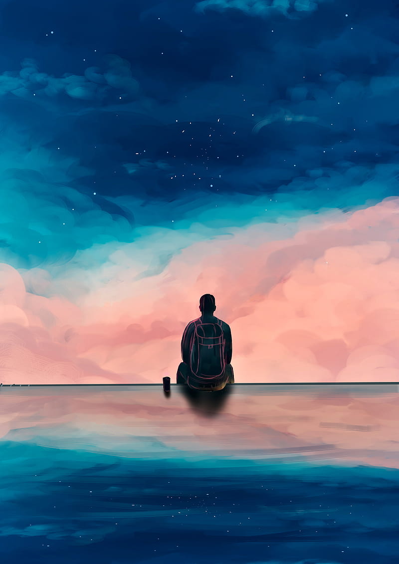 silhouette, man, sky, clouds, reflection, art, HD phone wallpaper