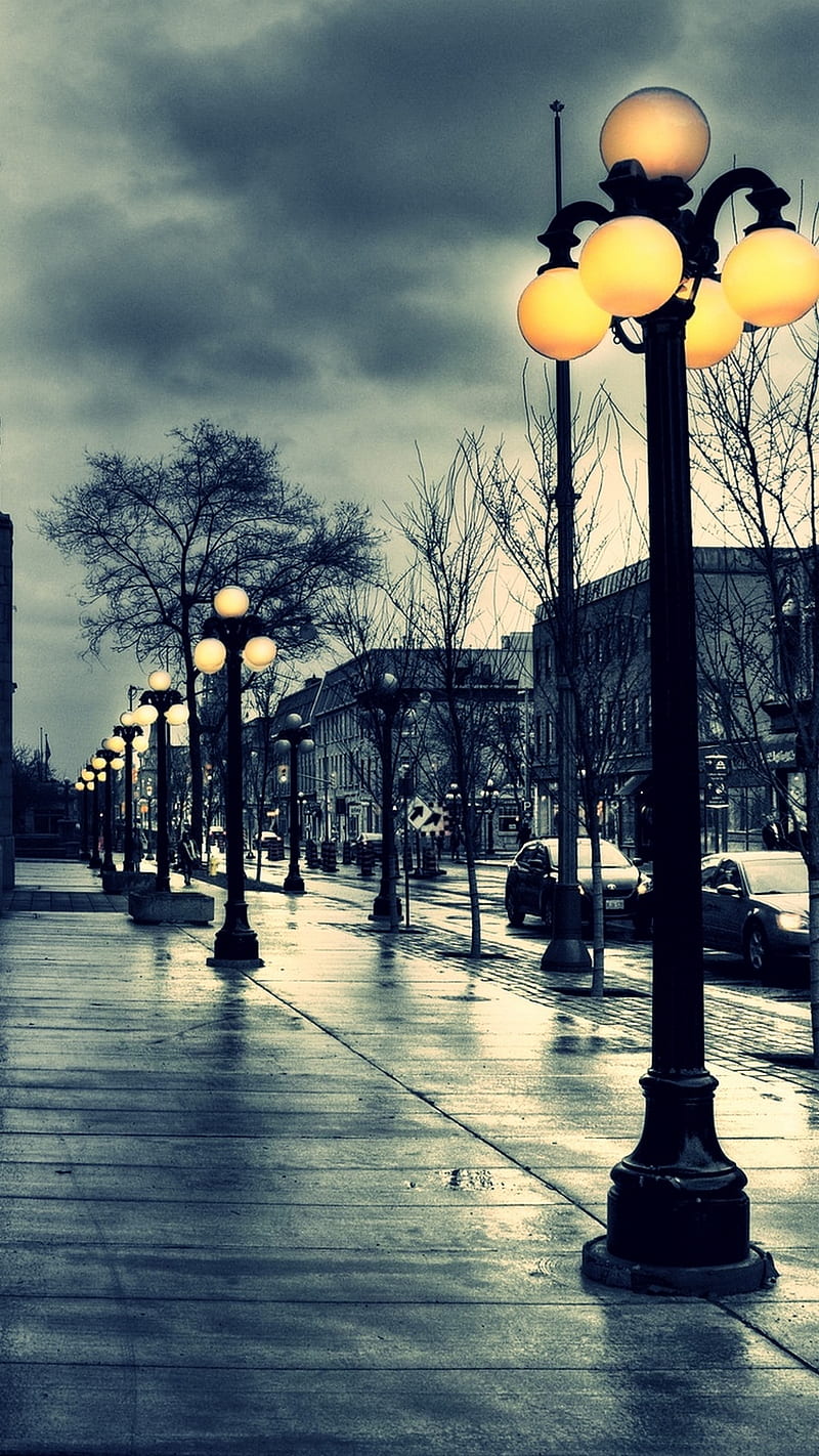 Street , awesome, clouds, lights, nature, night, rainy, sky, HD phone wallpaper