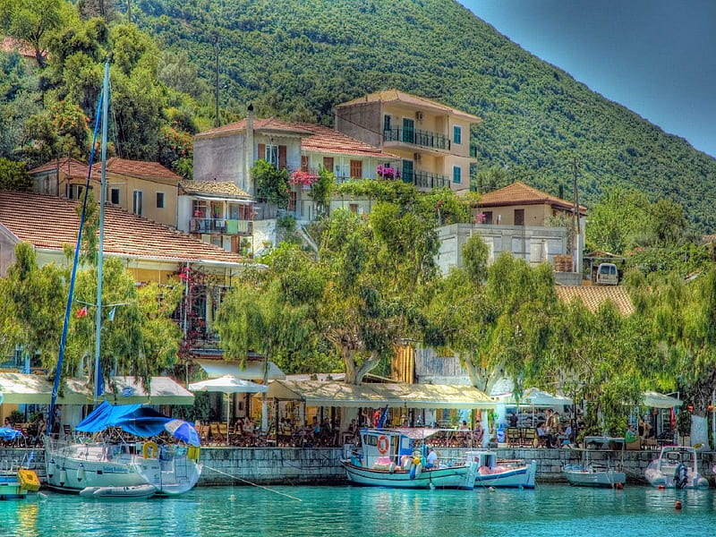 The cosy little harbour in vasiliki town, little, town, sea, vasiliki, tree, boat, harbour, cosy, hill, blue, HD wallpaper