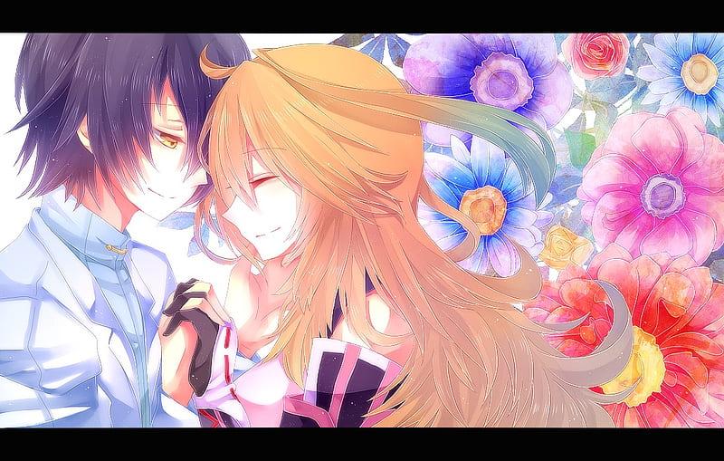 Young Love, anime, love, flowers, blonde, happy, couple, HD wallpaper