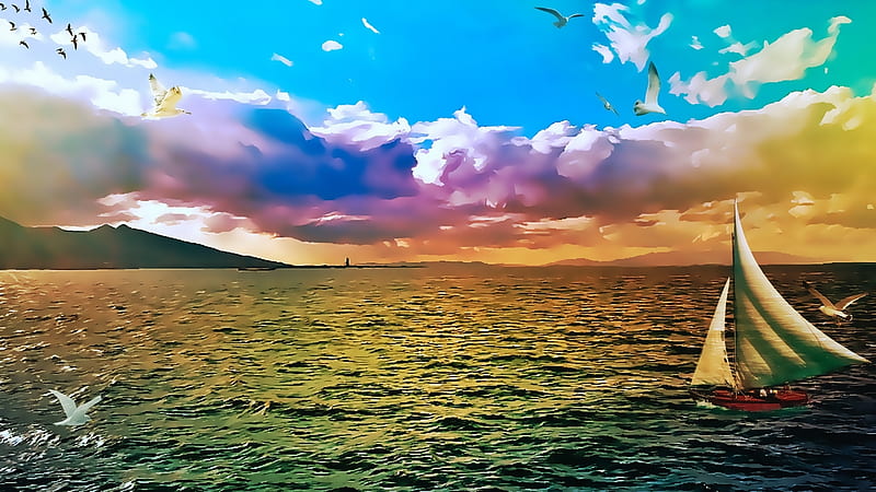 de mediate lunae, sailing, sunset, music, sea, HD wallpaper