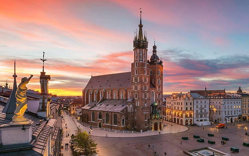 Krakow, Poland, square, Poland, Krakow, twilight, church, HD wallpaper