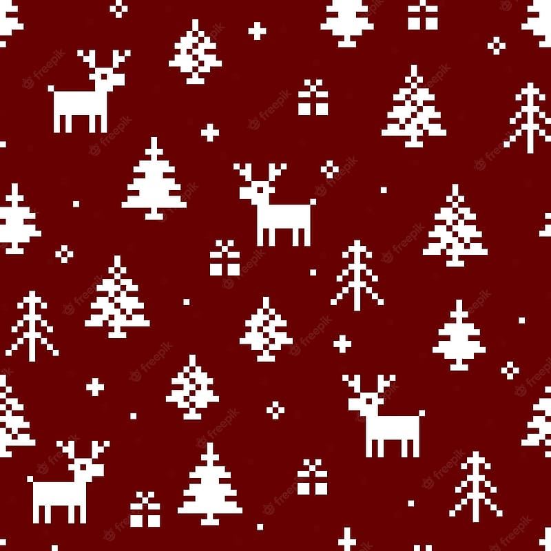 Premium Vector. Winter christmas vector seamless pattern in red. new years pixel background with reindeer, tree, snow and gift. for greeting cards, gift wrapping paper, HD phone wallpaper