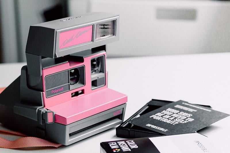 pink and gray Polaroid instant camera on white wooden surface, HD wallpaper