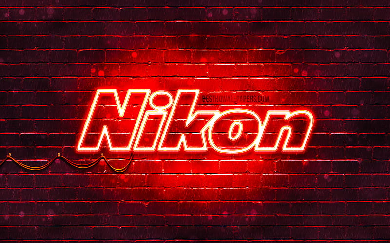 Nikon red logo red brickwall, Nikon logo, brands, Nikon neon logo, Nikon, HD wallpaper