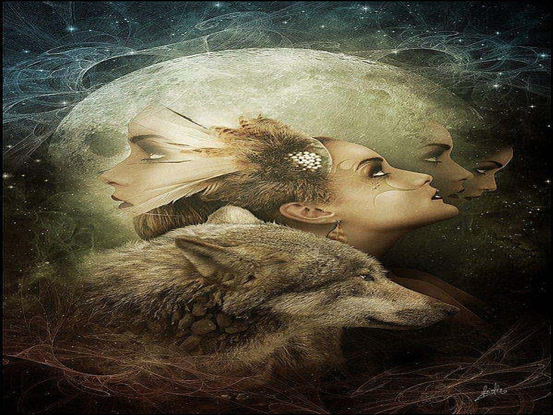 Moon Godess, fantasy, moon, wolf, abstract, animal, women, HD wallpaper