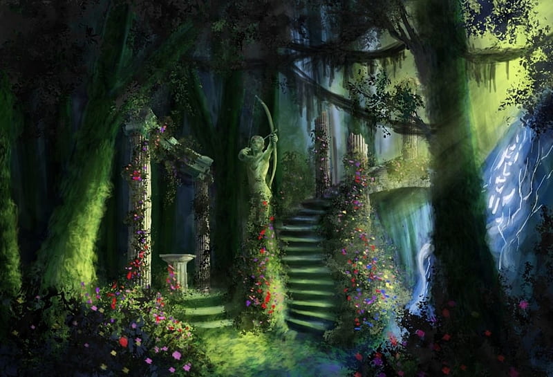 Garden path, green, luminos, path, garden, ardorica, ardoricart, art, fantasy, tree, statue, archer, HD wallpaper