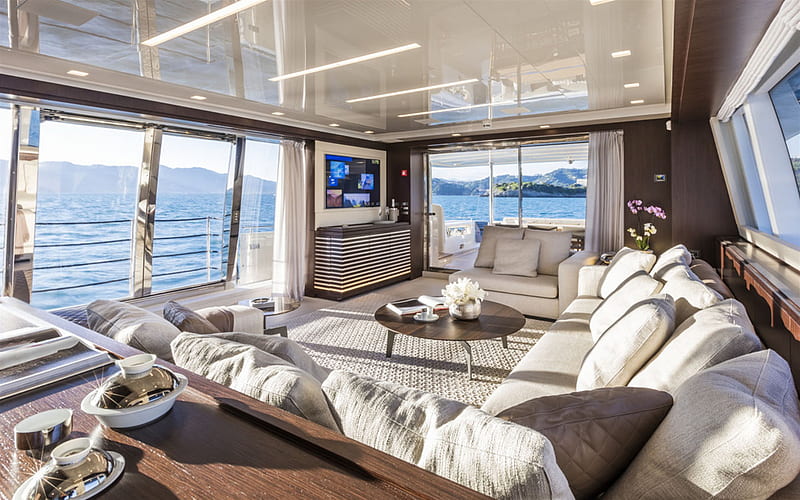 luxury yacht interior, stylish interior design, yacht, yacht lounge, yacht interiors, HD wallpaper