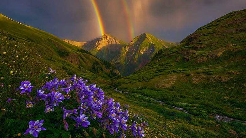 Double Rainbow at San Juan Mountains, Colorado, flowers, rocks, usa, clouds, landscape, sky, HD wallpaper