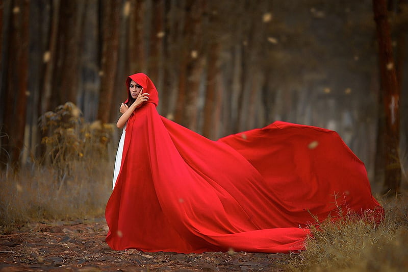 Red Riding Hood, forest, girl, model, wind, svetlana belyaeva, woman, HD wallpaper