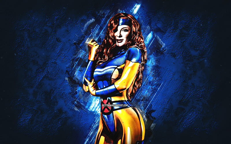 Jean Grey, Cyberpunk 2077, blue stone background, Cyberpunk 2077 characters, creative art, Jean Grey Cyberpunk, HD wallpaper