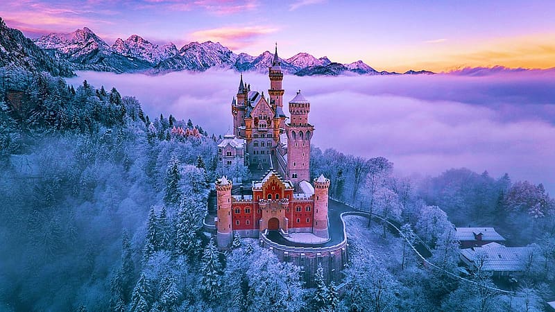 Neuschwanstein Castle, Bavarian Alps, rocks, mountains, winter, snow, landscape, germany, nature, HD wallpaper