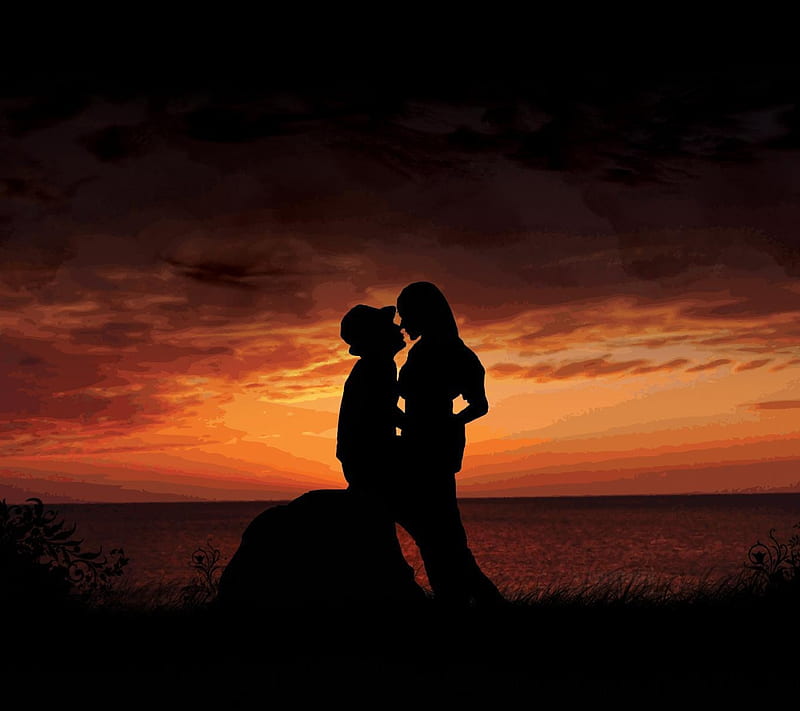 Couple at Sunset, couple, evening, feeling, love, nature, romantic, sunset, togetherness, HD wallpaper