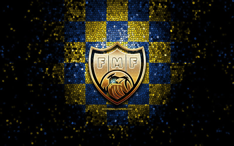 Moldavian football team, glitter logo, UEFA, Europe, blue yellow checkered background, mosaic art, soccer, Moldova National Football Team, MFF logo, football, Moldova, HD wallpaper