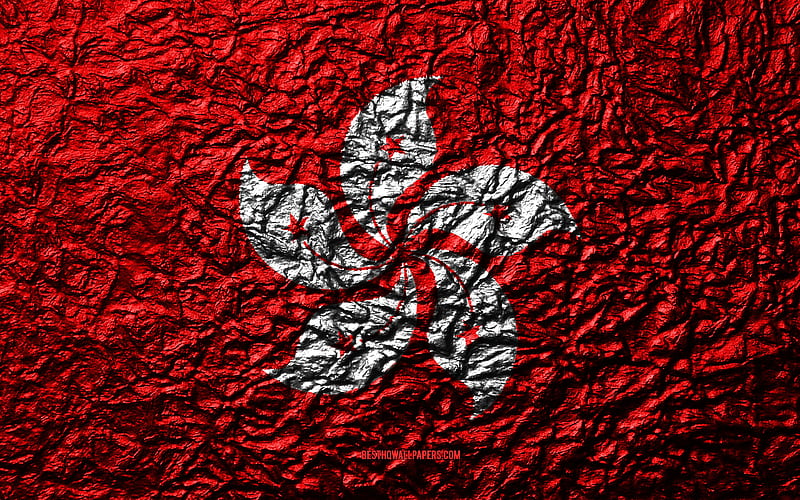 Flag of Hong Kong stone texture, waves texture, Hong Kong flag, national symbol, Hong Kong, Asia, stone background, HD wallpaper